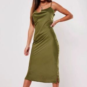 Green sheath dress satin with Cowell scoop neck